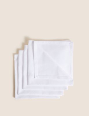M&S Set of 4 Cotton with Linen Napkins - White, White