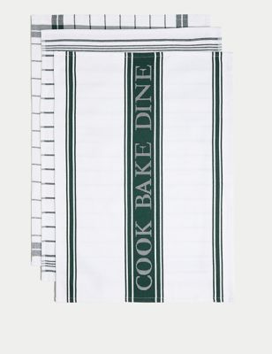 M&S Set of 3 Cotton Rich Striped Tea Towels - Dark Grey, Dark Grey,Neutral,Blue,Dark Green,Terracott