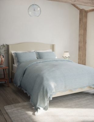 M&S Pure Cotton Embroidered Scalloped Edge Bedding Set - 5FT - Chambray, Chambray,White,Sage