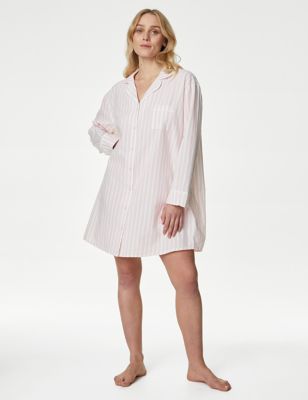 Body By M&S Women's Pure Cotton Cool Comfort Striped Nightshirt - 8 - Soft Pink, Soft Pink,Light Bl