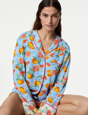 M&S Womens Print Revere Collar Pyjama Top - 10 - Cornflower Mix, Cornflower Mix