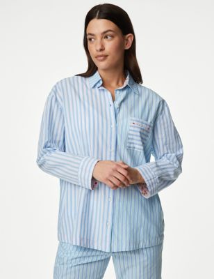 M&S Womens Cool Comforttm Pure Cotton Striped Pyjama Top - 20 - Blue Mix, Blue Mix
