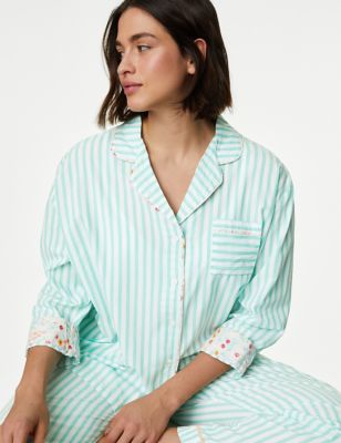M&S Womens Cool Comfort Pure Cotton Striped Pyjama Top - 8 - Green Mix, Green Mix