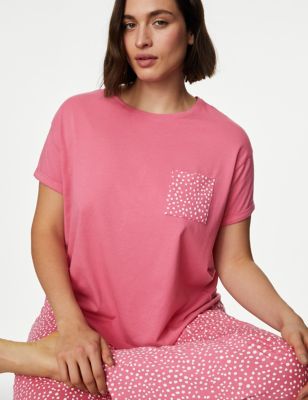 M&S Womens Pure Cotton Spot Print Pyjama Set - Bright Rose, Bright Rose