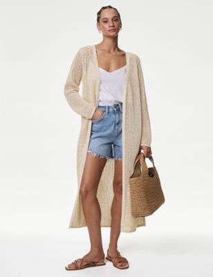 M&S Womens Cotton Rich Textured Longline Cardigan - Neutral, Neutral