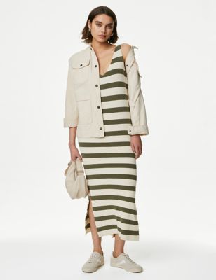 M&S Womens Cotton Rich Knitted Striped V-Neck Midi Dress - XL - Ivory Mix, Ivory Mix