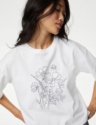 M&S Women's Pure Cotton Embroidered T-Shirt - 12 - White Mix, White Mix