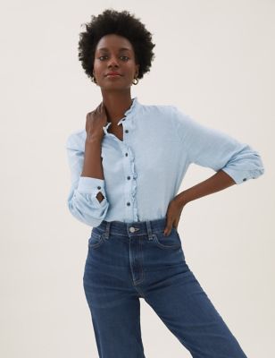 M&S Womens Cotton Rich Frill Detail Longline Shirt