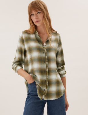 M&S Womens Cotton Rich Checked Frill Detail Shirt
