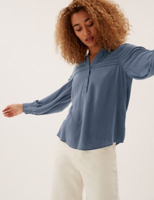 M&S Womens V-Neck Regular Fit Long Sleeve Blouse