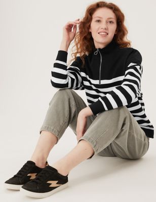 M&S Womens Cotton Rich Striped Funnel Neck Sweatshirt