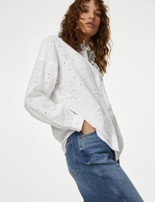 M&S Womens Pure Cotton Broderie Collared Shirt - 10REG - Soft White, Soft White