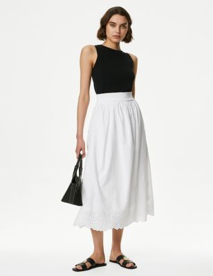 M&S Womens Pure Cotton Broderie Midi Skirt - 6REG - White, White