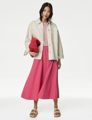 M&S Women's Pure Cotton Midi A-Line Skirt - 16REG - Light Cranberry, Light Cranberry