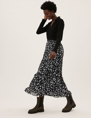 M&S Womens Animal Print Ruffle Maxi Tiered Skirt