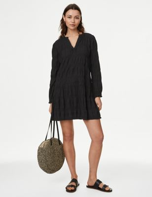 M&S Womens Cotton Rich Textured V-Neck Mini Shift Dress - 12REG - Black, Black