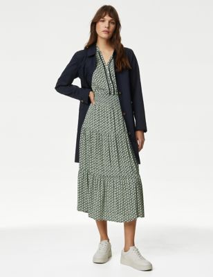 M&S Women's Printed V-Neck Shirred Midi Waisted Dress - 16REG - Soft Khaki, Soft Khaki