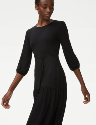 M&S Womens Jersey Round Neck Midi Tiered Tea Dress - 8PET - Black, Black