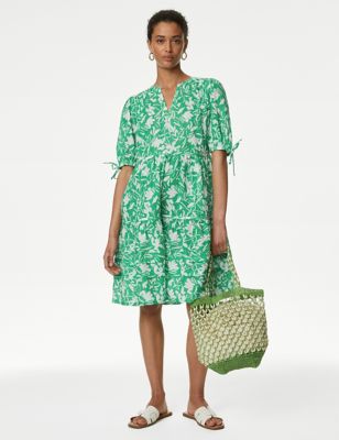 M&S Womens Pure Cotton Floral Pintuck Knee Length Tiered Dress - 14REG - Green Mix, Green Mix