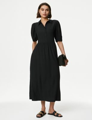 M&S Womens Modal Rich Checked Midi Shirt Dress - 8LNG - Conker, Conker,Black