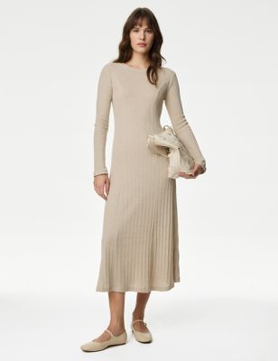 M&S Womens Cotton Rich Ribbed Midi Column Dress - 6REG - Beige, Beige