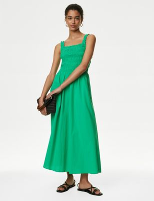 M&S Womens Pure Cotton Square Neck Midi Shirred Dress - 8LNG - Medium Green, Medium Green