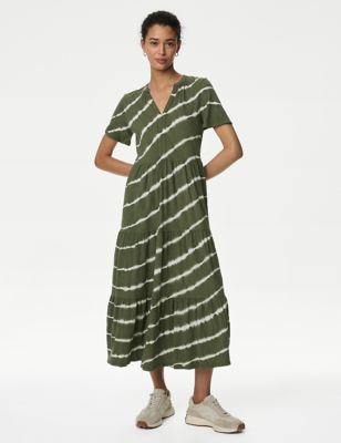 M&S Womens Pure Cotton Printed V-Neck Midi Tiered Dress - 8REG - Khaki Mix, Khaki Mix