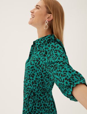M&S Womens Animal Print Tie Waist Midi Shirt Dress - 8LNG - Aqua Mix, Aqua Mix