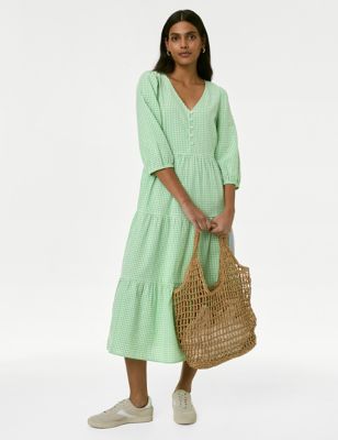 M&S Women's Pure Cotton Gingham Midi Tiered Dress - 8PET - Green Mix, Green Mix