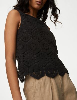 M&S Women's Cotton Rich Broderie Vest - 10REG - Black, Black,Pink