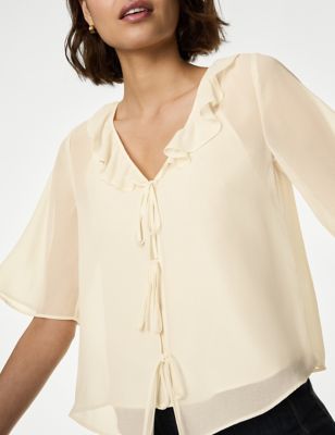 M&S Womens Tie Front Frill Detail Blouse - 8REG - Ivory Mix, Ivory Mix
