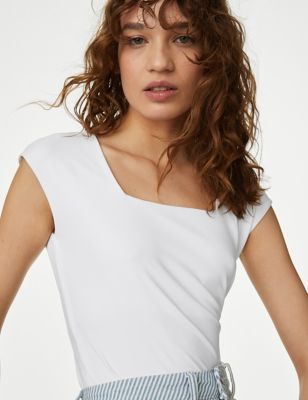 M&S Womens Jersey Super Soft Top - 8REG - White, White,Black