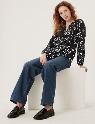 M&S Womens Floral Collared Long Sleeve Top