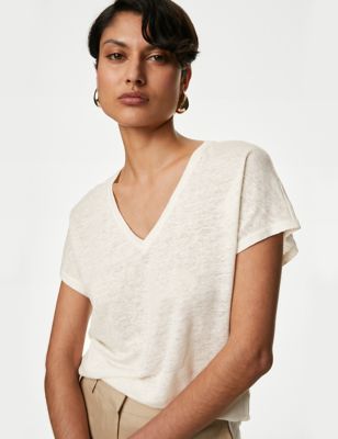 Autograph Womens Pure Linen T-Shirt - 8 - Ivory, Ivory