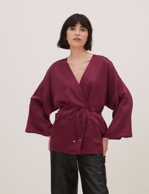 M&S Autograph Womens Pure Silk V-Neck 3/4 Sleeve Kimono Blouse