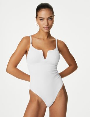 M&S Womens Tummy Control Ribbed Padded V-Neck Swimsuit - 12 - Soft White, Soft White,Navy