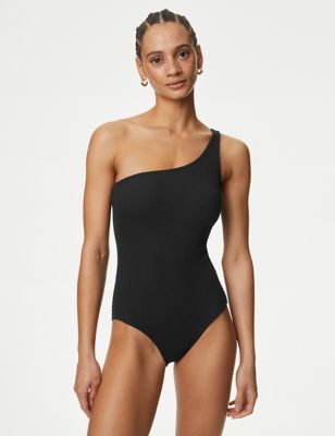 M&S Womens Textured One Shoulder Swimsuit - 12 - Black, Black,Medium Green
