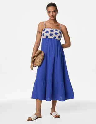 M&S Women's Pure Cotton Square Neck Midaxi Beach Dress - 10 - Blue Mix, Blue Mix