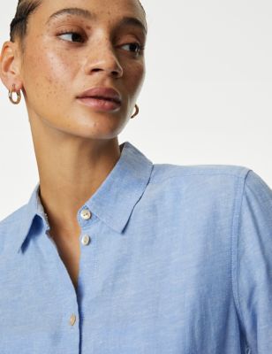 M&S Womens Linen Rich Collared Shirt - 10 - Light Chambray, Light Chambray
