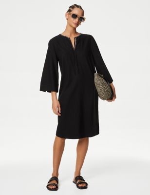 M&S Womens Linen Rich Tie Neck Knee Length Shift Dress - 12LNG - Black, Black,White