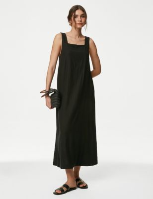 M&S Womens Linen Rich Square Neck Knee Length Dress - 16REG - Flame, Flame,Black