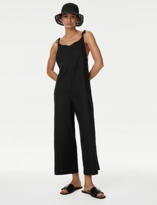 M&S Womens Linen Rich Wide Leg Cropped Jumpsuit - 20SHT - Black, Black