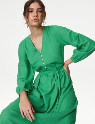 M&S Women's Linen Rich V-Neck Midi Shift Dress - 6SHT - Medium Green, Medium Green