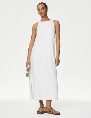 M&S Womens Linen Rich Round Neck Midi Slip Dress - 10LNG - White, White