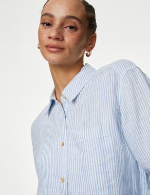 M&S Womens Pure Linen Striped Relaxed Shirt - 12 - Blue Mix, Blue Mix