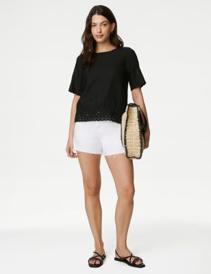 M&S Women's Linen Rich Broderie Regular Fit Top - 8 - White, White,Black