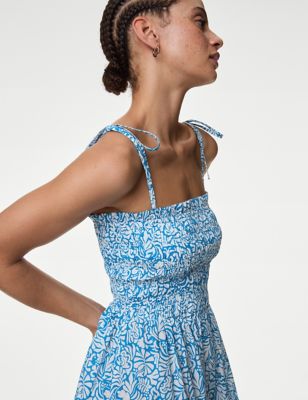 M&S Womens Pure Cotton Floral Shirred Midi Beach Dress - 20 - Bright Blue Mix, Bright Blue Mix