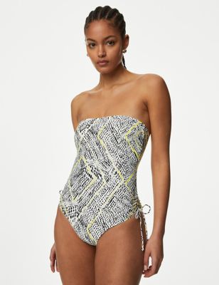 M&S Womens Printed Drawstring Bandeau Swimsuit - 10 - Dark Blue Mix, Dark Blue Mix,Bright Blue Mix