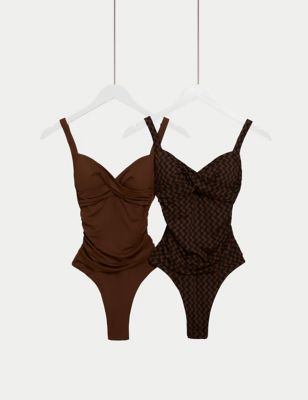 M&S Womens 2pk Tummy Control Plunge Swimsuits - 20LNG - Brown Mix, Brown Mix