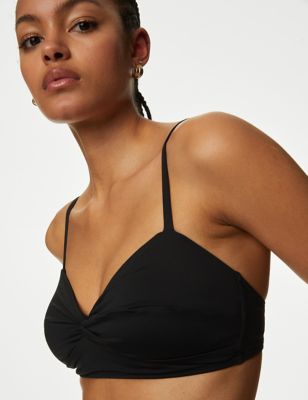 M&S Womens Padded Twist Front Plunge V-Neck Bikini Top - 16 - Black, Black
